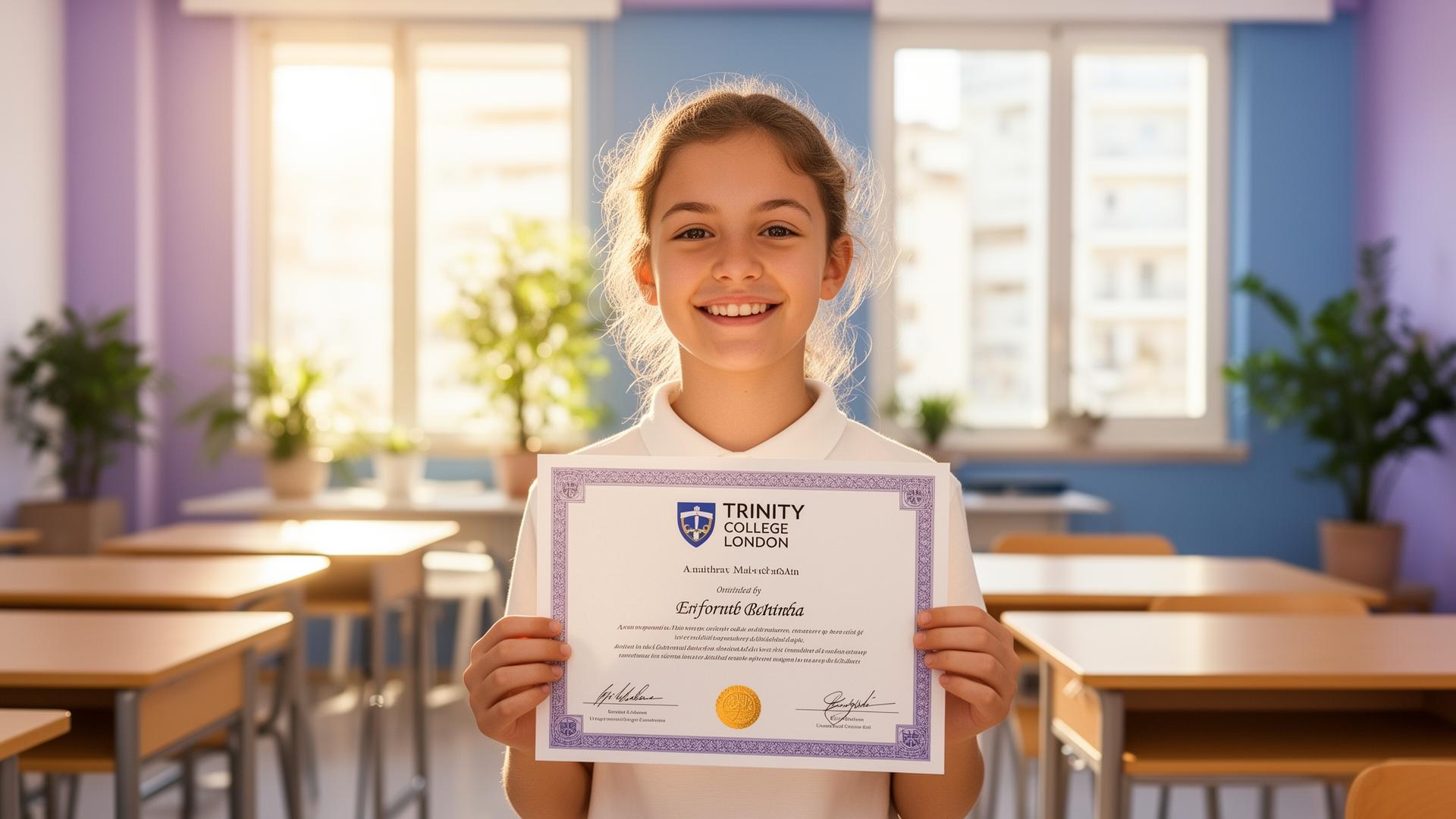 Alumna sonriente mostrando su certificado Trinity en Academia Mercurio Benidorm